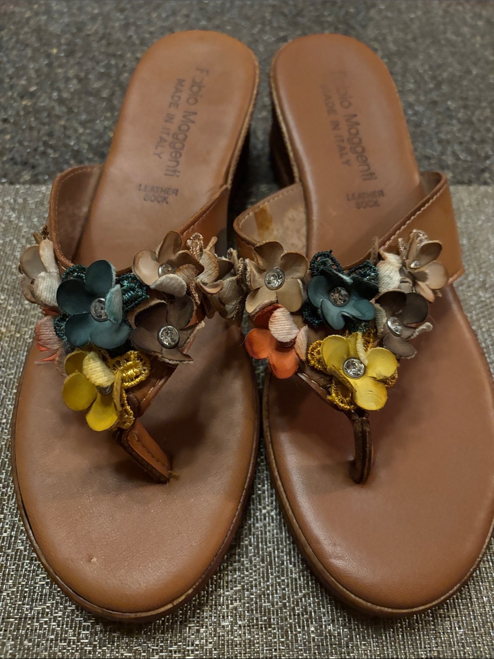 Brown Leather Floral Thong Sandals